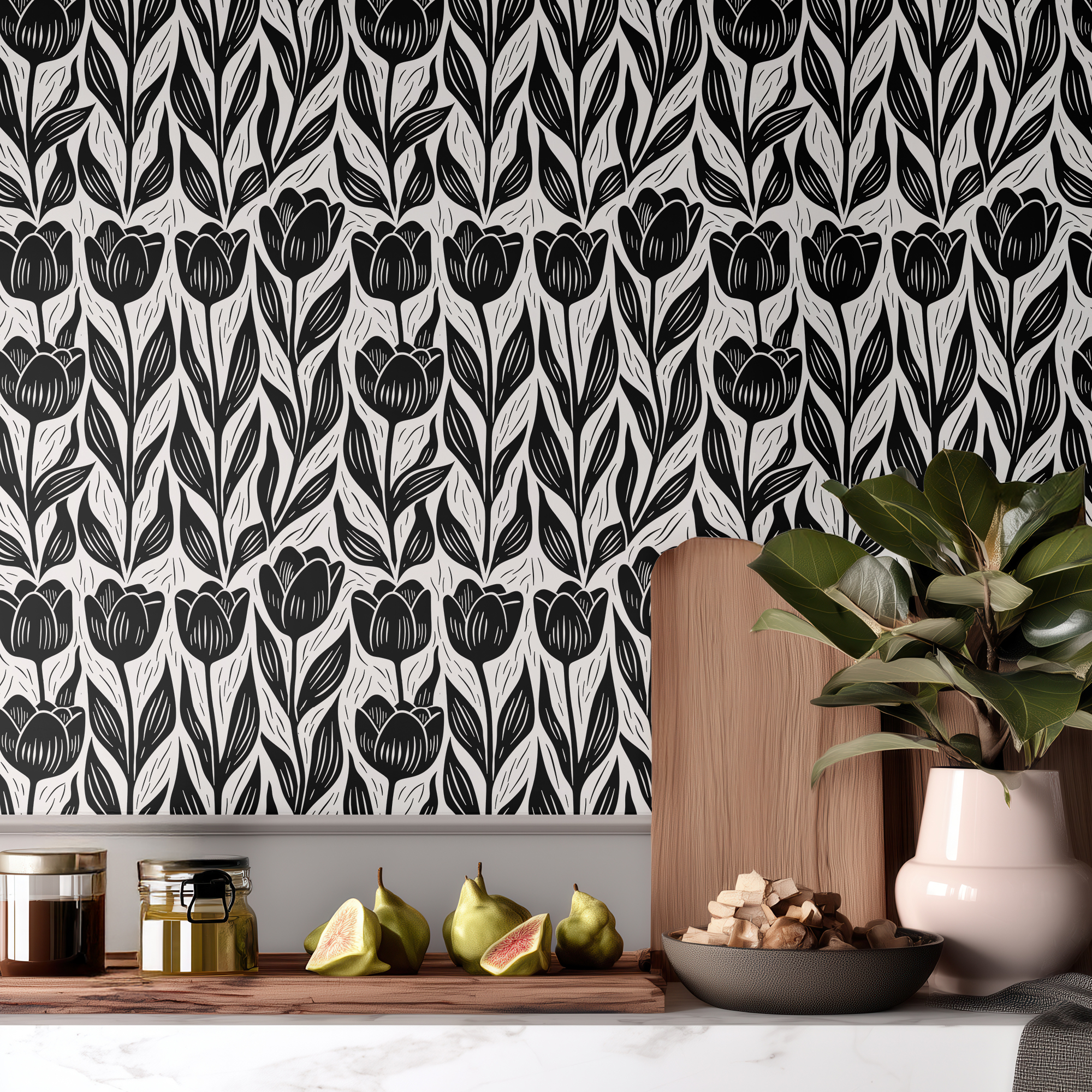 Black and White Tulip Wallpaper – Bold Floral