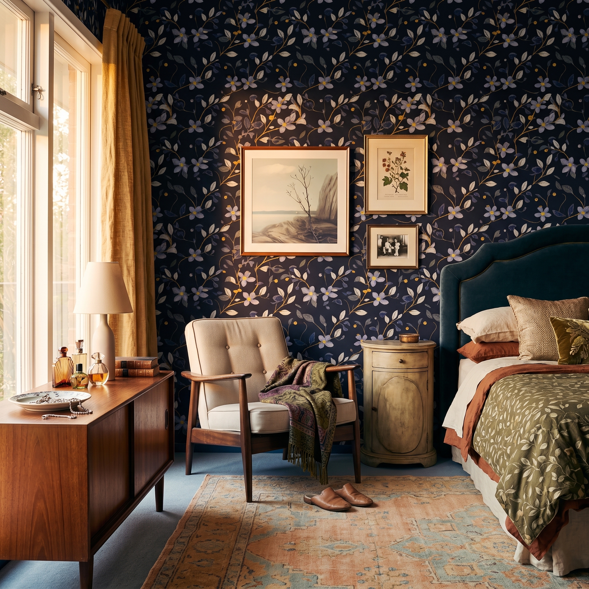 dark navy botanical wallpaper