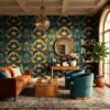 green and gold floral wallpaper