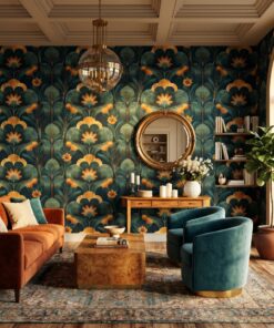 green and gold floral wallpaper