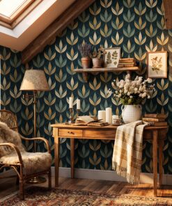 green and gold leaf wallpaper