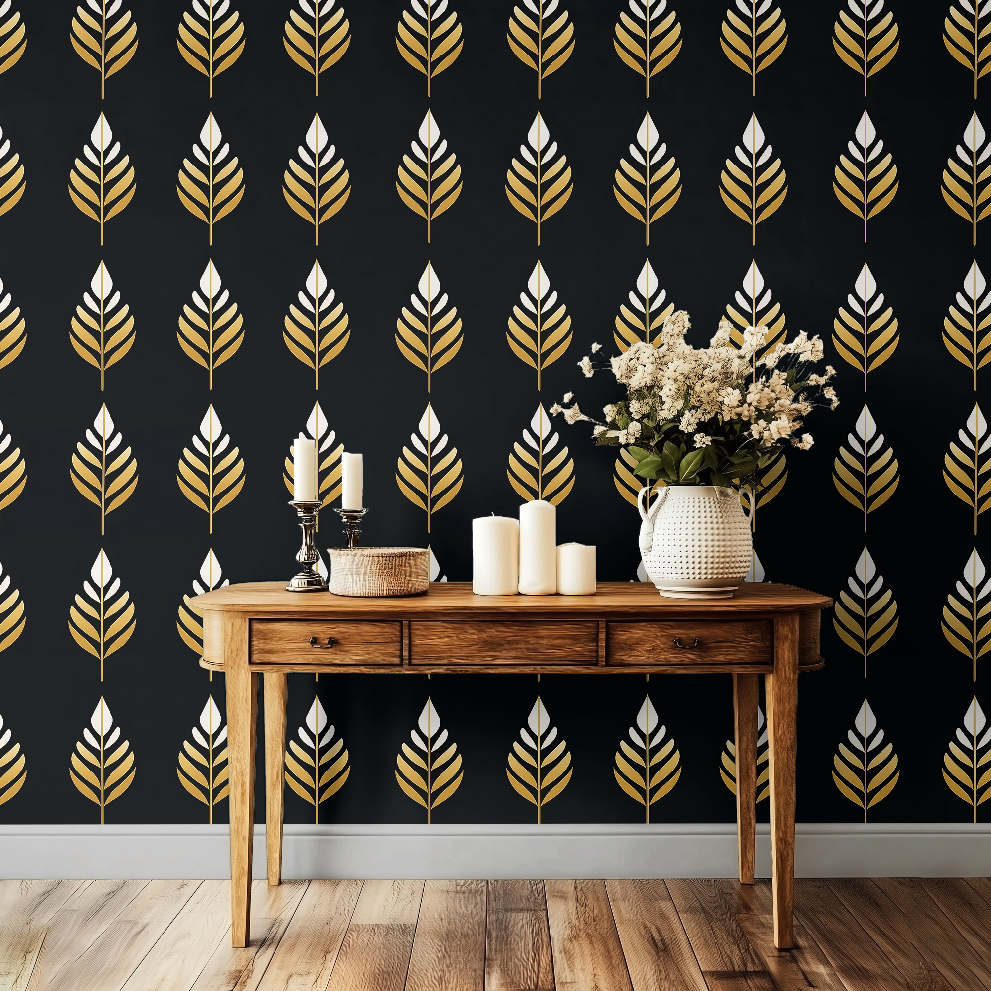 Black and Gold Leaf Wallpaper – Luxury Art Deco