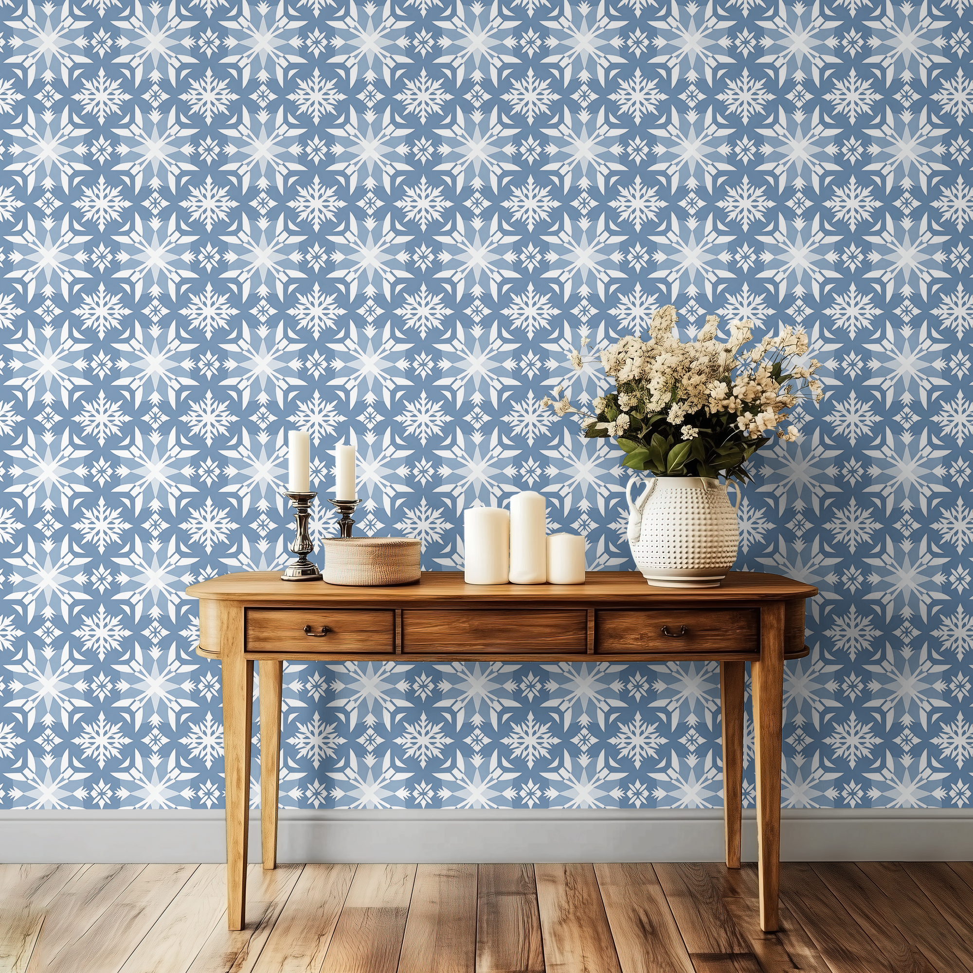 Blue and White Moroccan Tile Wallpaper – Mediterranean Geometric