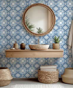 Alternative view of Blue and White Moroccan Tile Wallpaper – Mediterranean Geometric