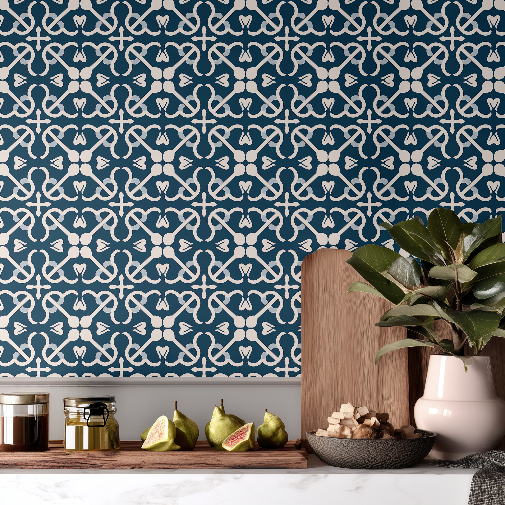 Blue and White Tile Wallpaper – Mediterranean Geometric