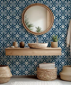 Alternative view of Blue and White Tile Wallpaper – Mediterranean Geometric