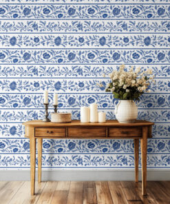 Blue Chinoiserie Floral Stripe Wallpaper - Image 9