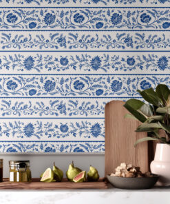 Blue Chinoiserie Floral Stripe Wallpaper - Image 8
