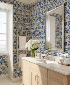 Blue Chinoiserie Floral Stripe Wallpaper - Image 7