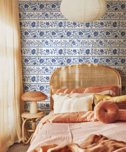 Blue Chinoiserie Floral Stripe Wallpaper - Image 6