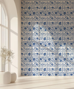 Blue Chinoiserie Floral Stripe Wallpaper - Image 5