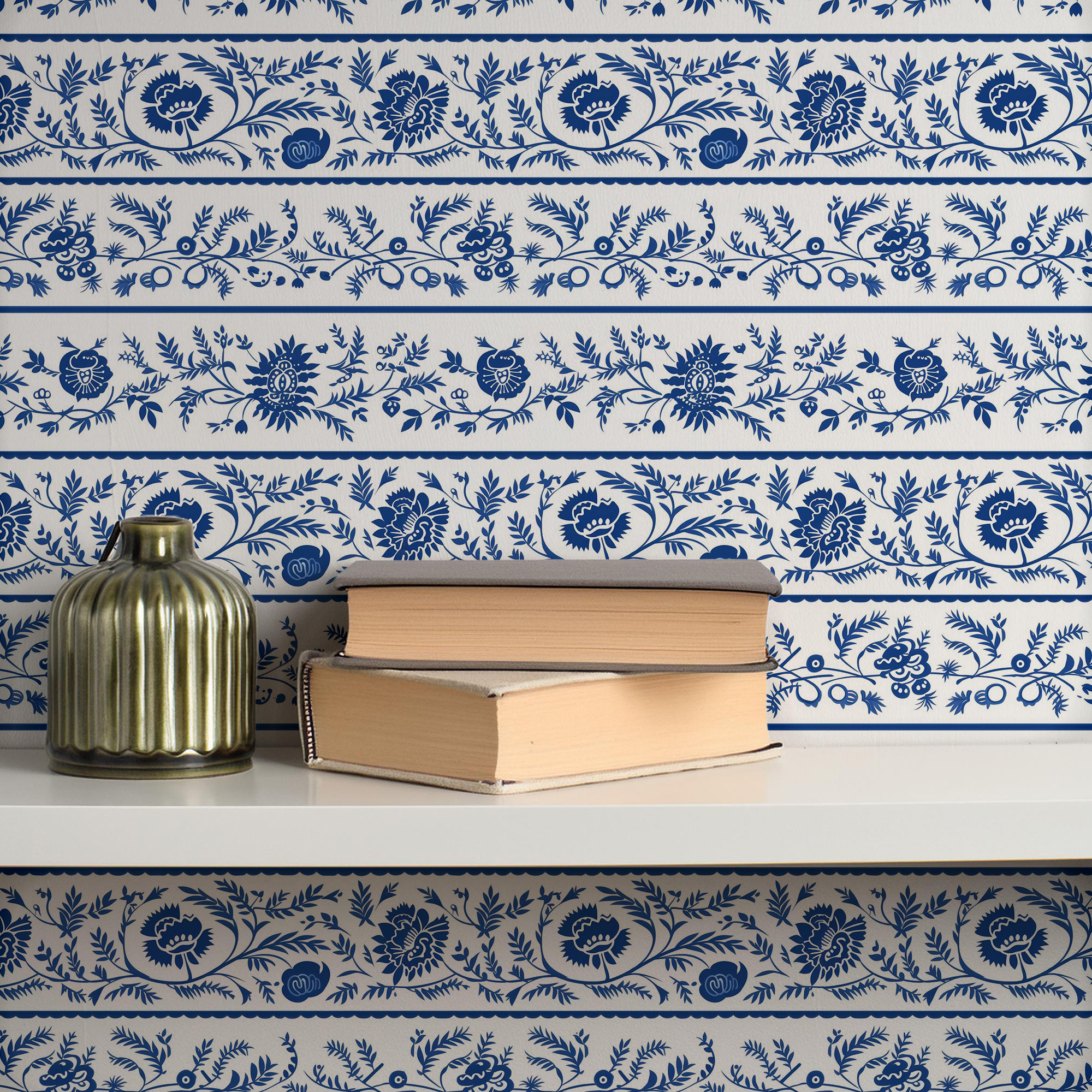 Blue Chinoiserie Floral Wallpaper – Vintage Stripe flowers