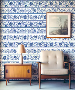 Blue Chinoiserie Floral Stripe Wallpaper - Image 4