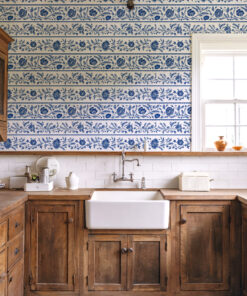 Blue Chinoiserie Floral Stripe Wallpaper - Image 3