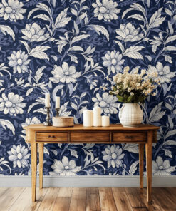 Navy Blue and White Floral Botanical Wallpaper - Image 9