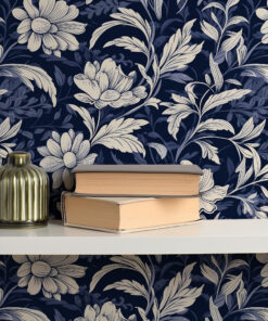 Alternative view of Navy Blue and White Floral Botanical Wallpaper