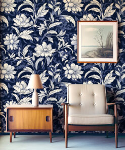 Navy Blue and White Floral Botanical Wallpaper - Image 4