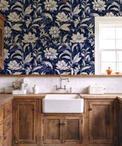 Navy Blue and White Floral Botanical Wallpaper - Image 3