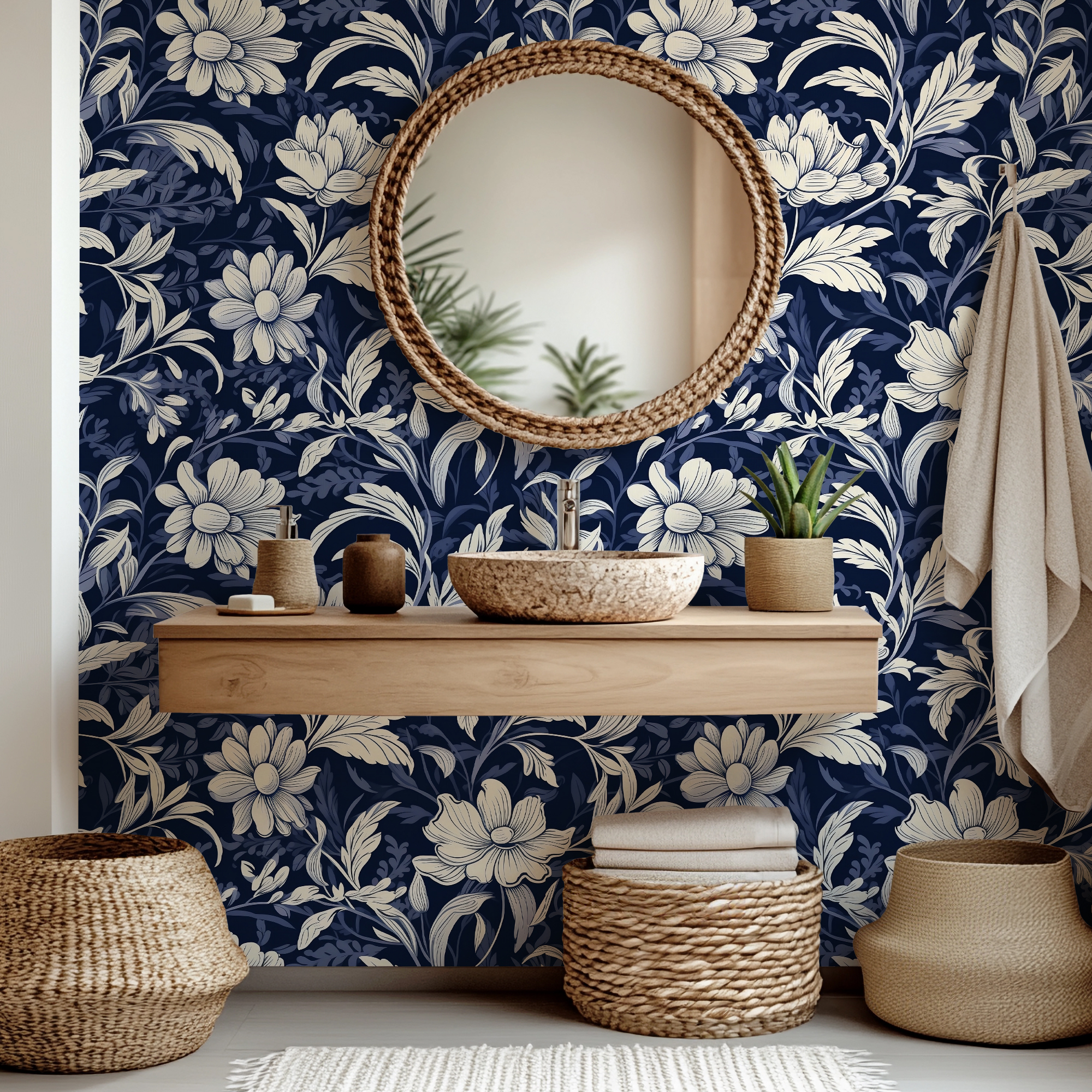 Navy Blue Floral Wallpaper – Elegant Botanical