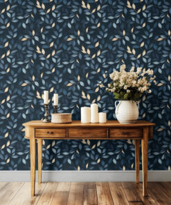 blue and gold leaf wallpaper