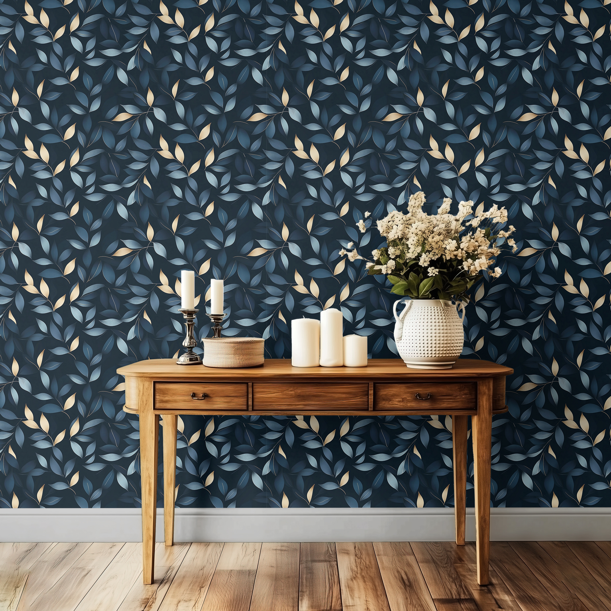 Blue and Gold Leaf Wallpaper – Dark Botanical Peel & Stick Removable