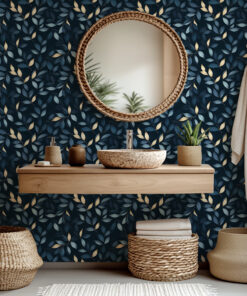 Alternative view of Product Title: Blue and Gold Leaf Wallpaper – Dark Botanical