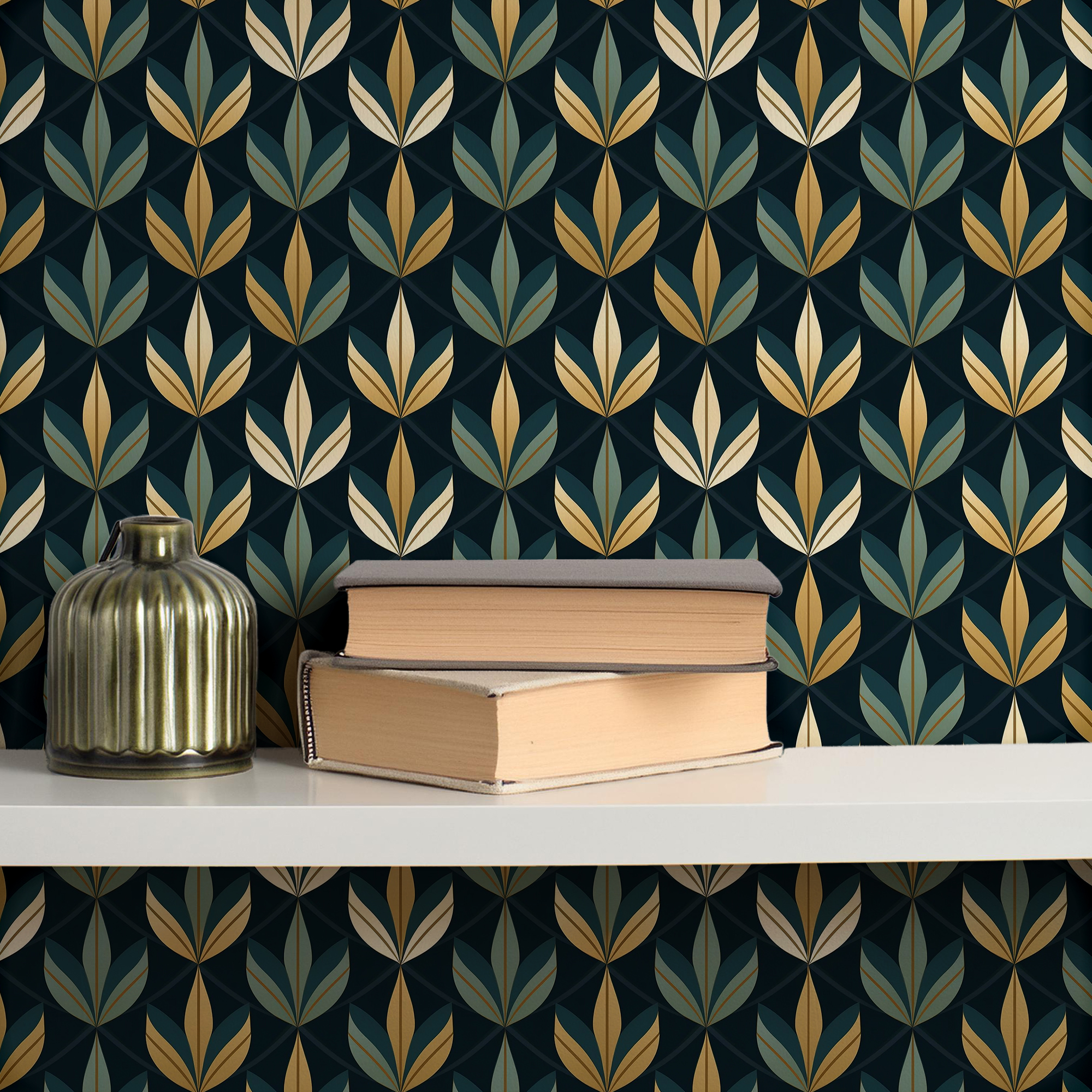 Green and Gold Leaf Wallpaper – Dark Botanical Art Deco