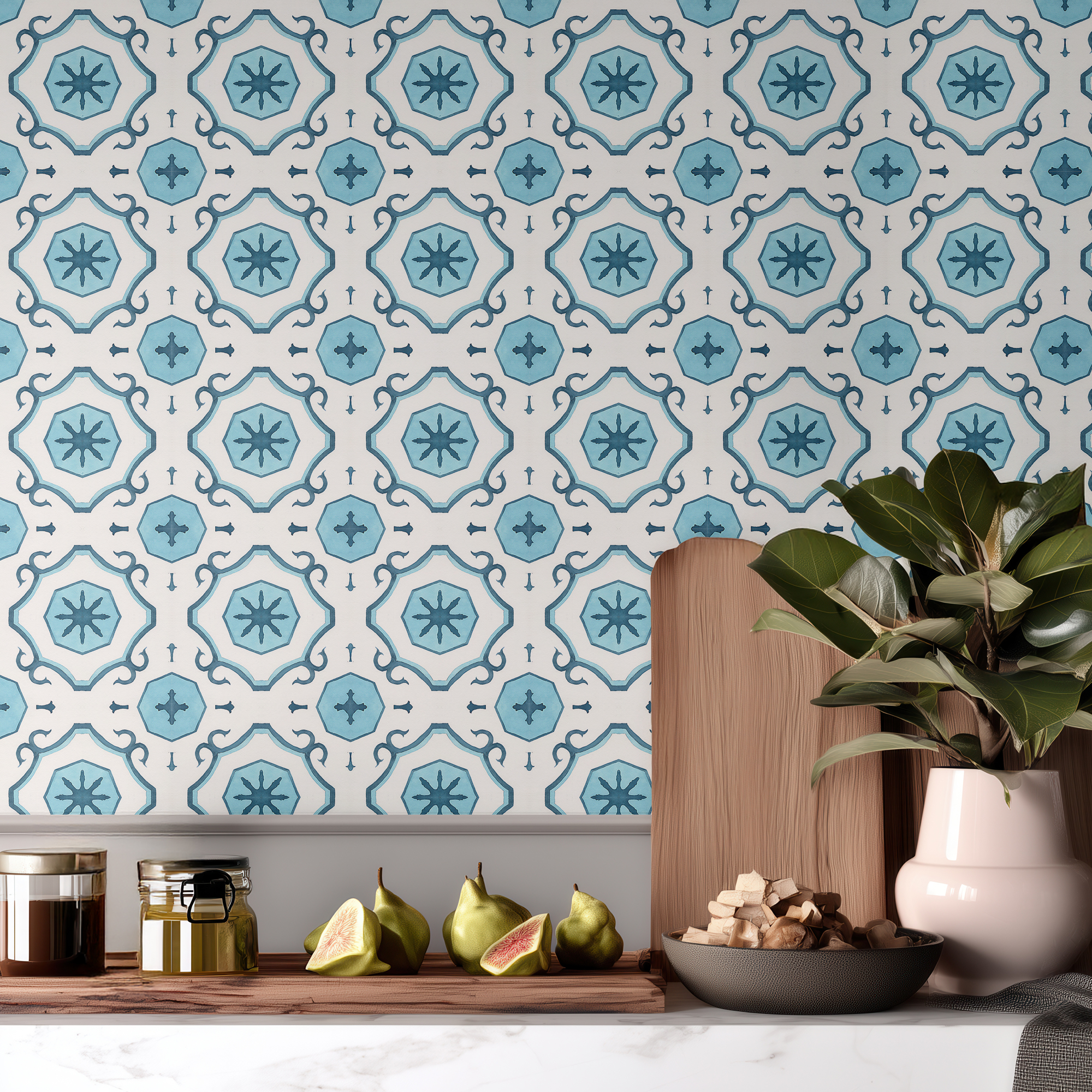 Light Blue Moroccan Tile Wallpaper – Mediterranean Geometric