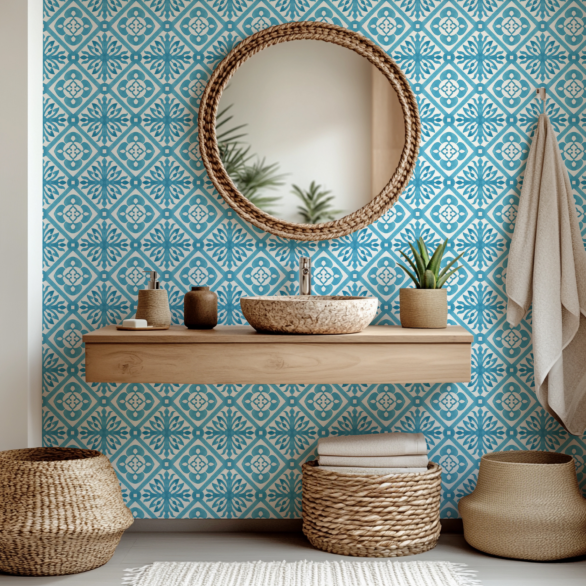 Blue geometric Mediterranean Moroccan Wallpaper