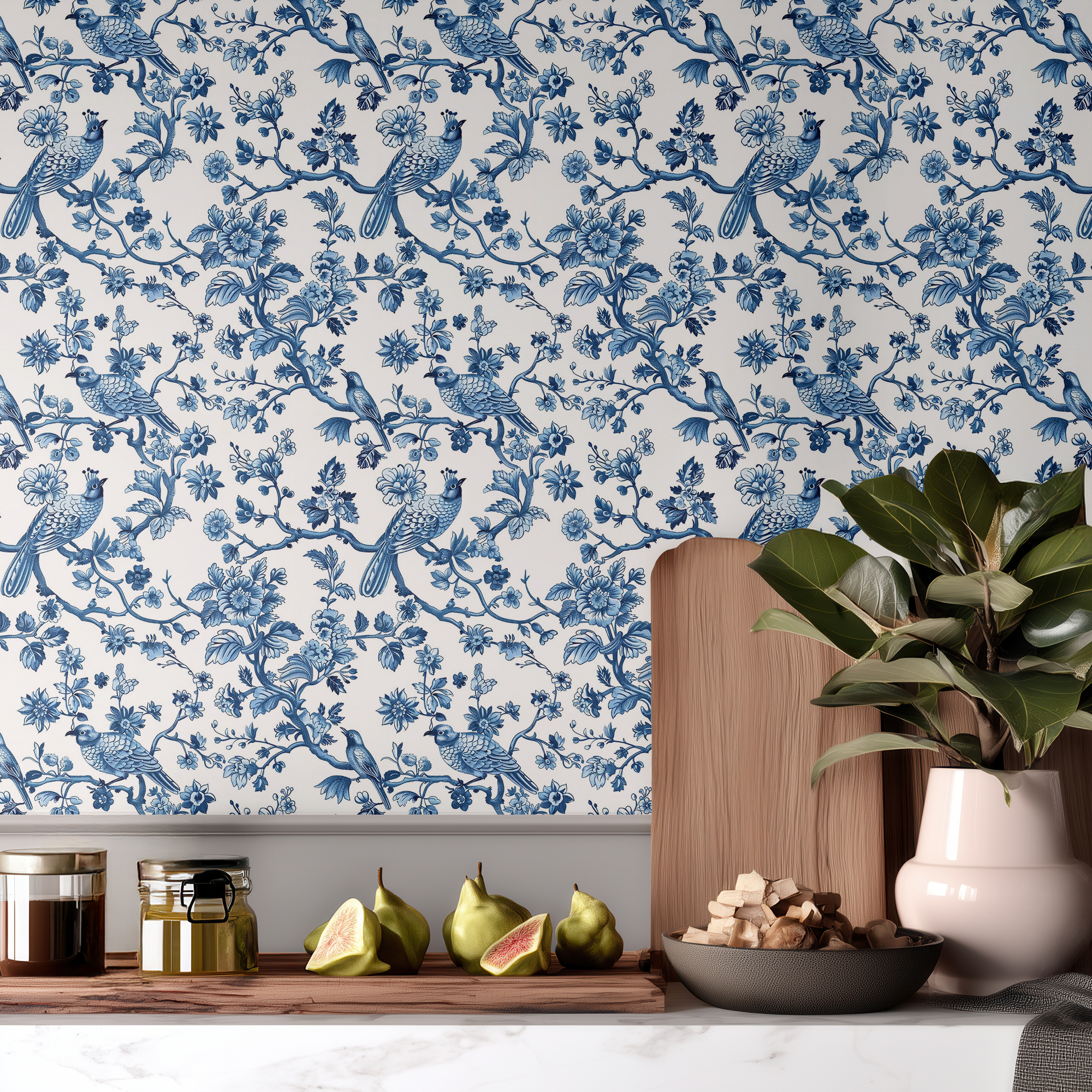 Blue Toile Wallpaper – Vintage Bird and Floral
