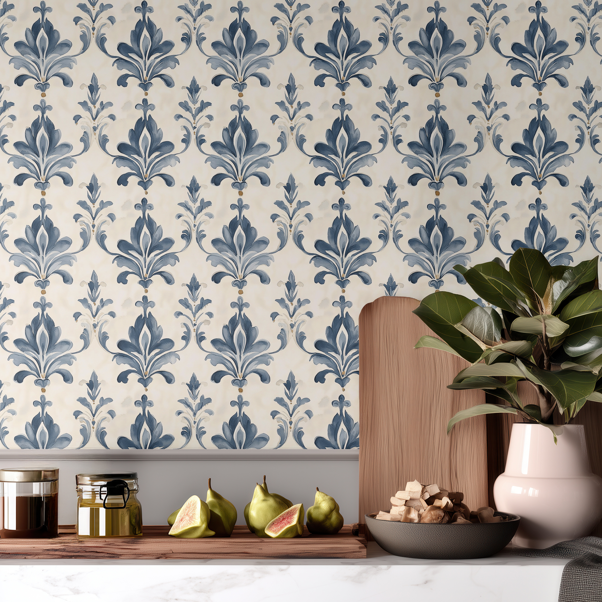 Blue Watercolor Damask Wallpaper – Elegant Ornamental Peel & Stick