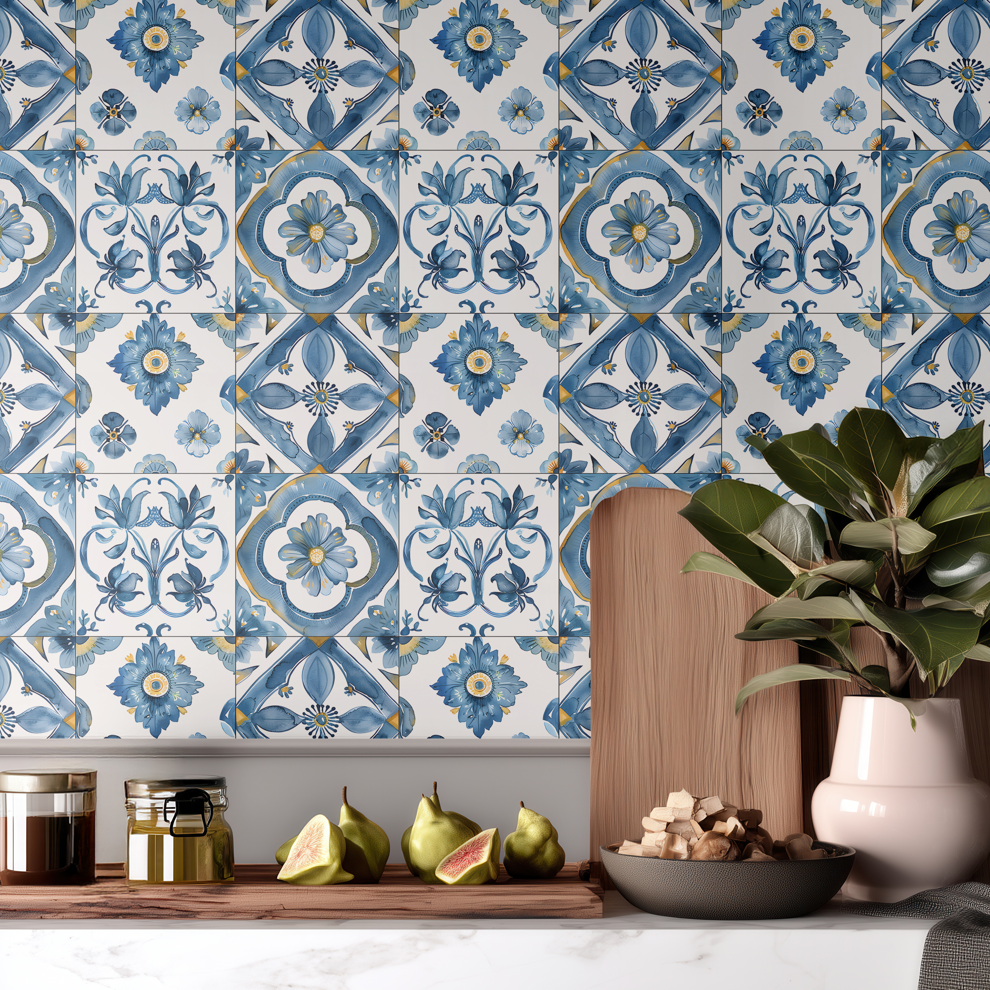 Blue and Yellow Tile Wallpaper – Mediterranean Portuguese Peel & Stick