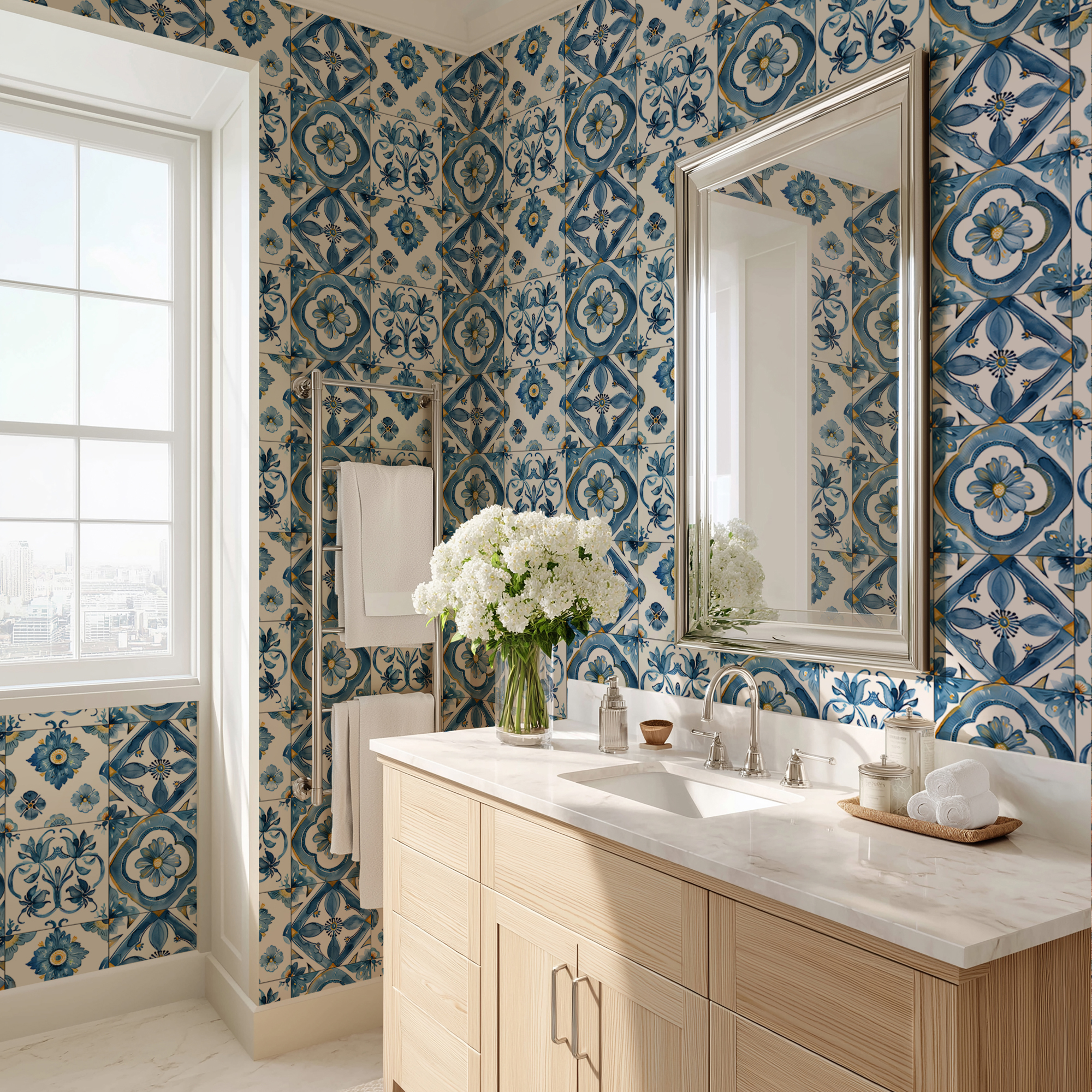 blue yellow tile wallpaper mockup 3