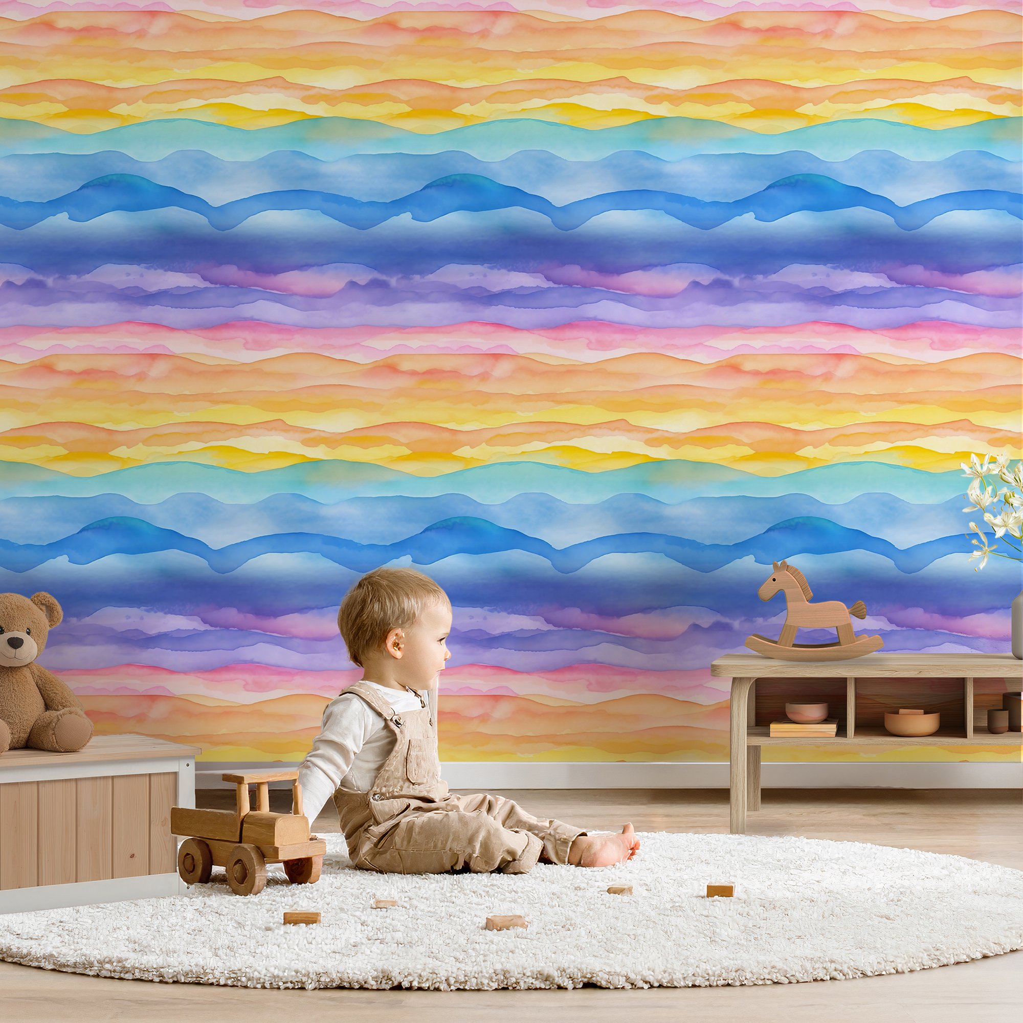 Rainbow Watercolor Mountains Wallpaper – Colorful Kids Peel & Stick