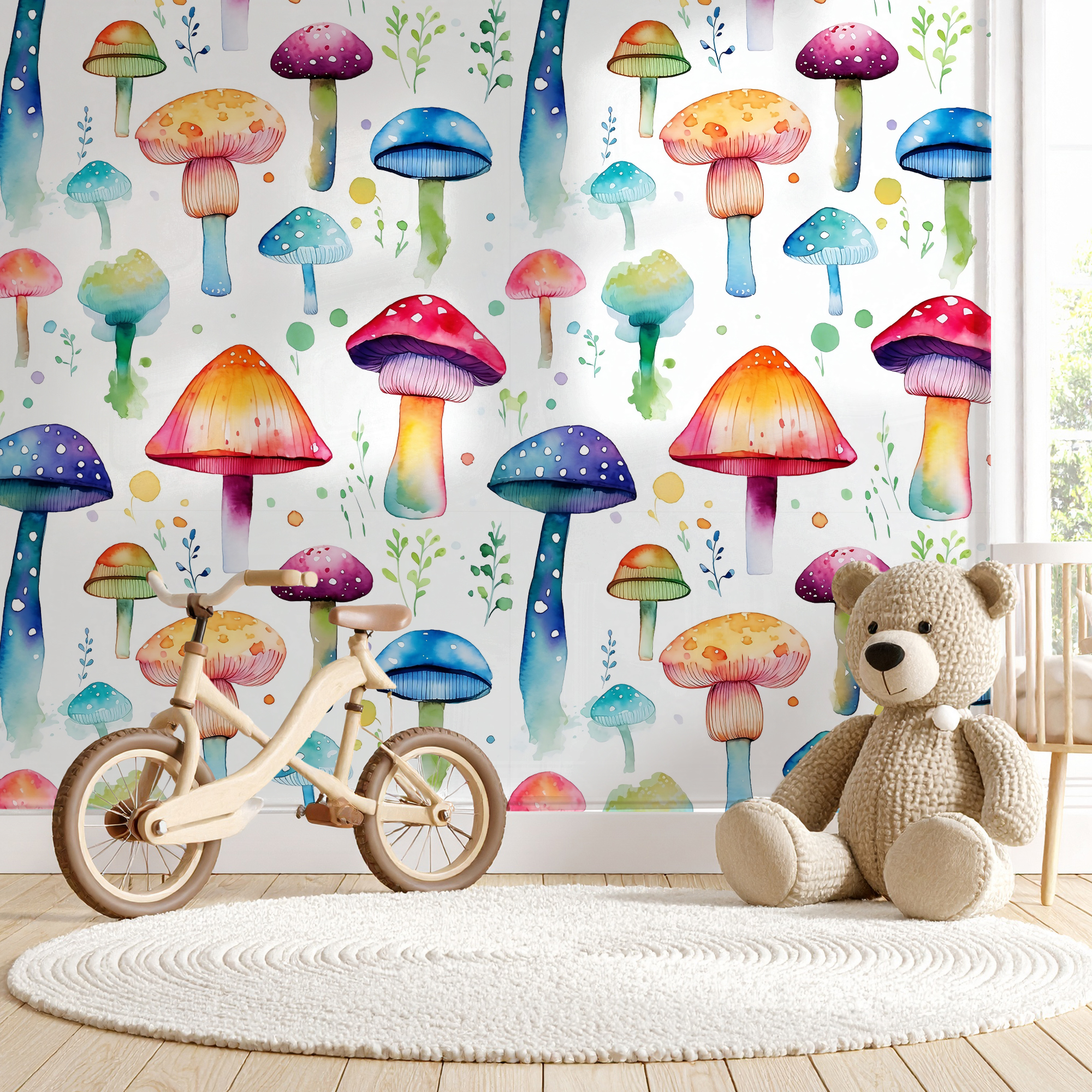 Colorful Mushroom Wallpaper – Whimsical Kids Watercolor