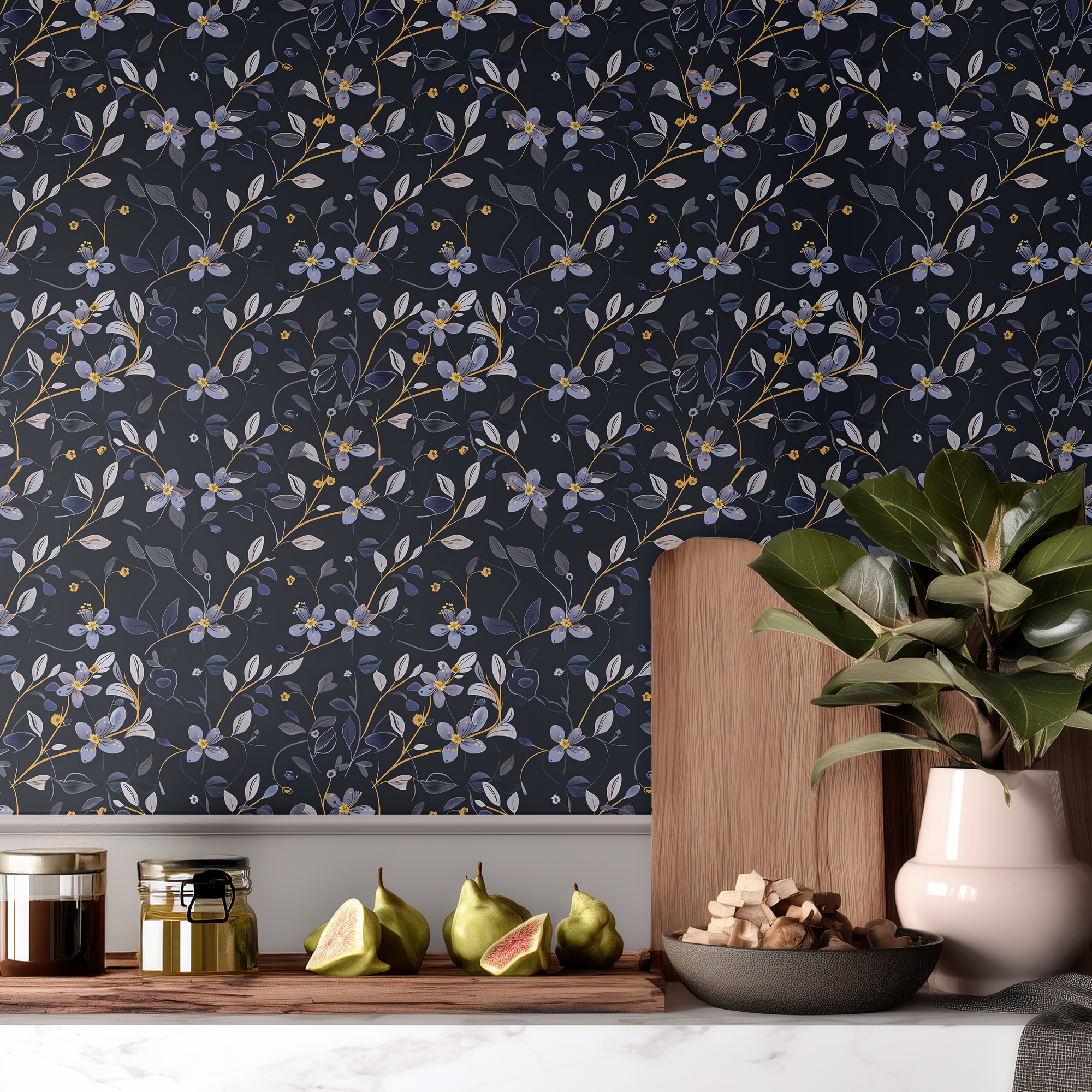 Dark Blue Floral Wallpaper – Elegant Botanical