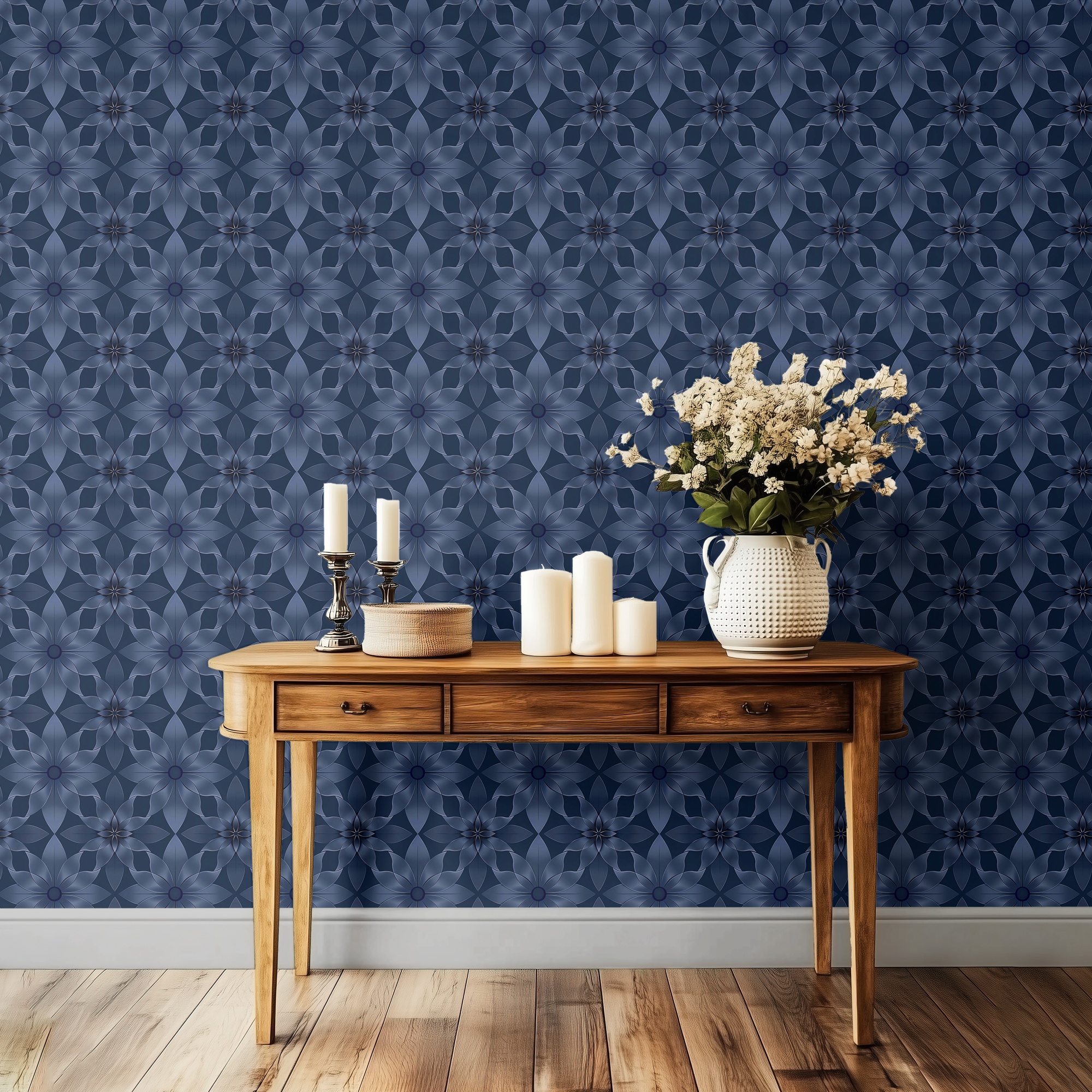 Dark Blue Tile Wallpaper – Modern Geometric Floral