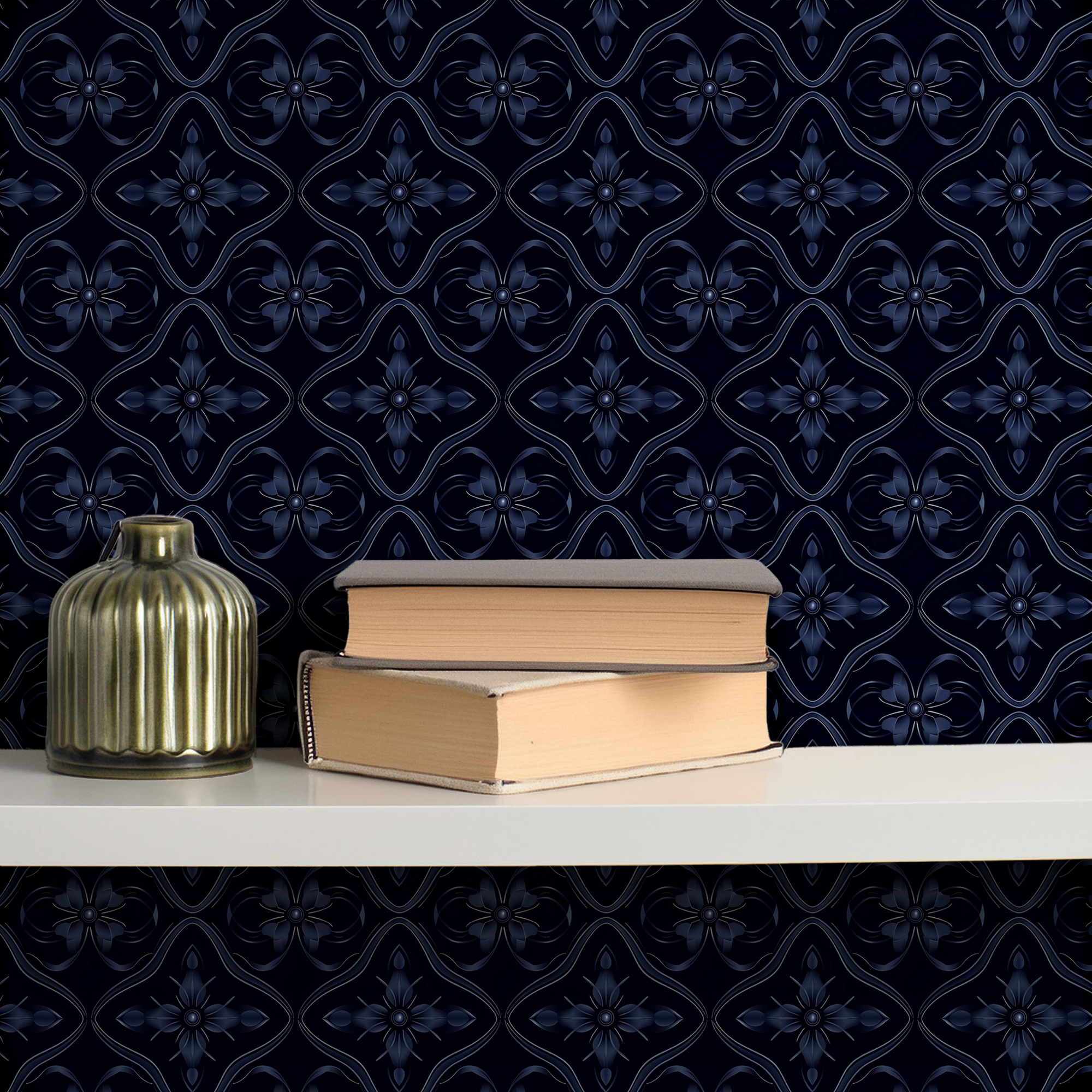 Dark Blue Tile Wallpaper – Elegant Geometric Floral (Copy)
