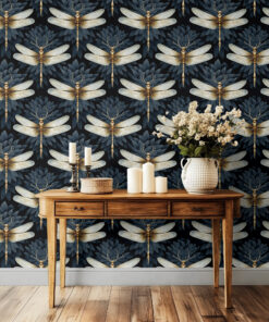 Dark Botanical Dragonfly Wallpaper – Black & Gold Art Deco