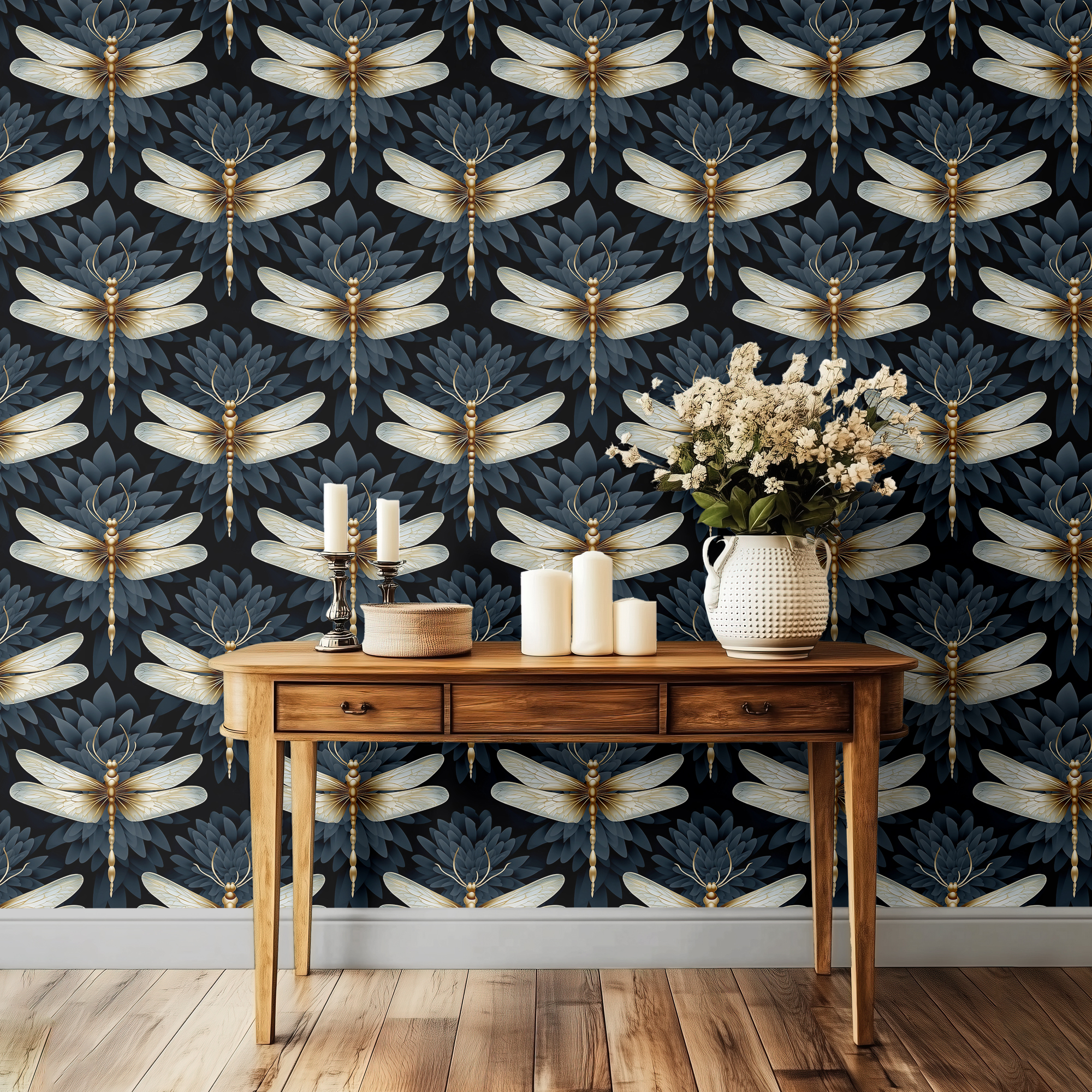 Dark Botanical Dragonfly Wallpaper – Black & Gold Art Deco Peel & Stick