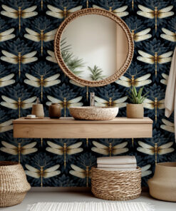 Alternative view of Dark Botanical Dragonfly Wallpaper – Black & Gold Art Deco