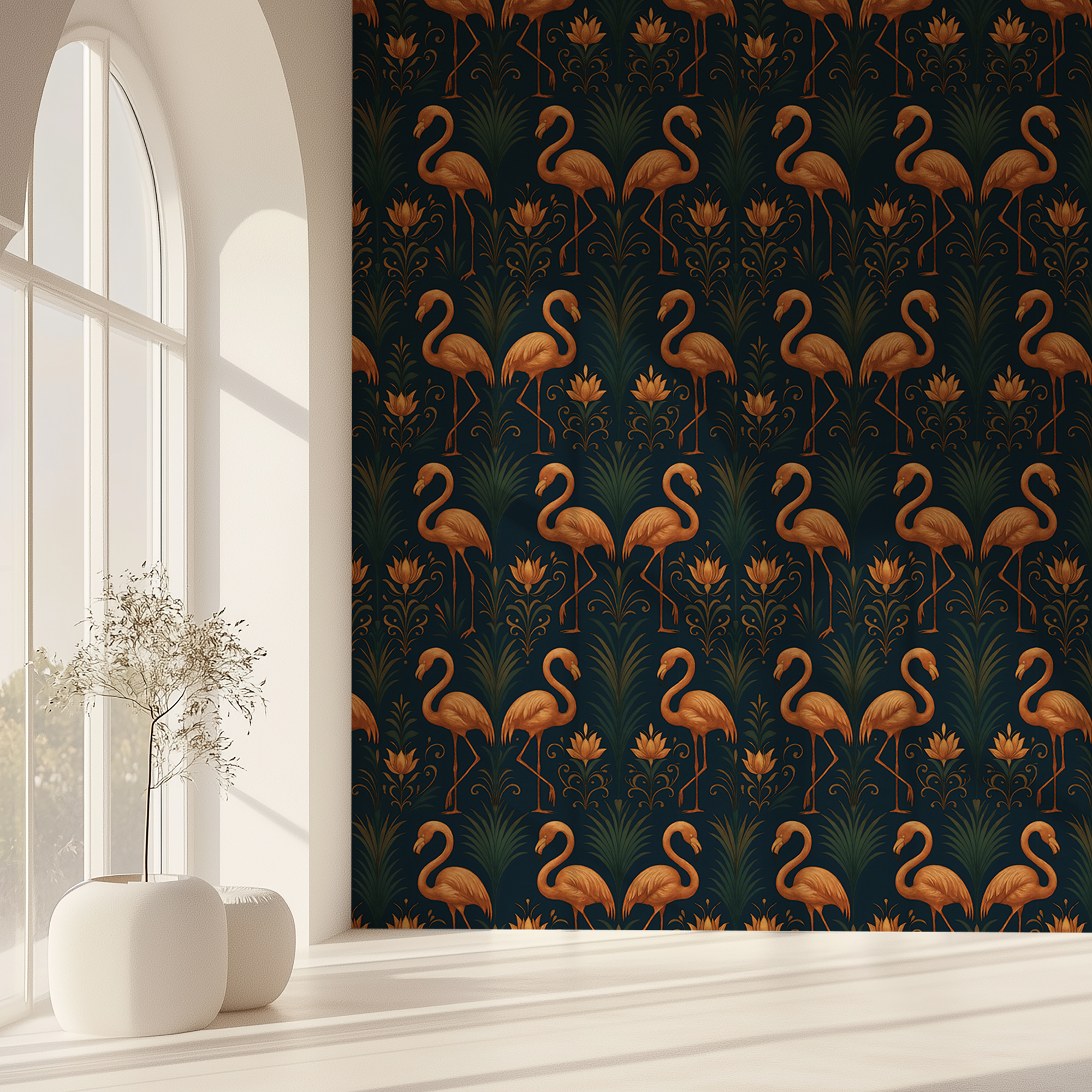 Flamingo Wallpaper – Exotic Tropical Vintage Art Deco