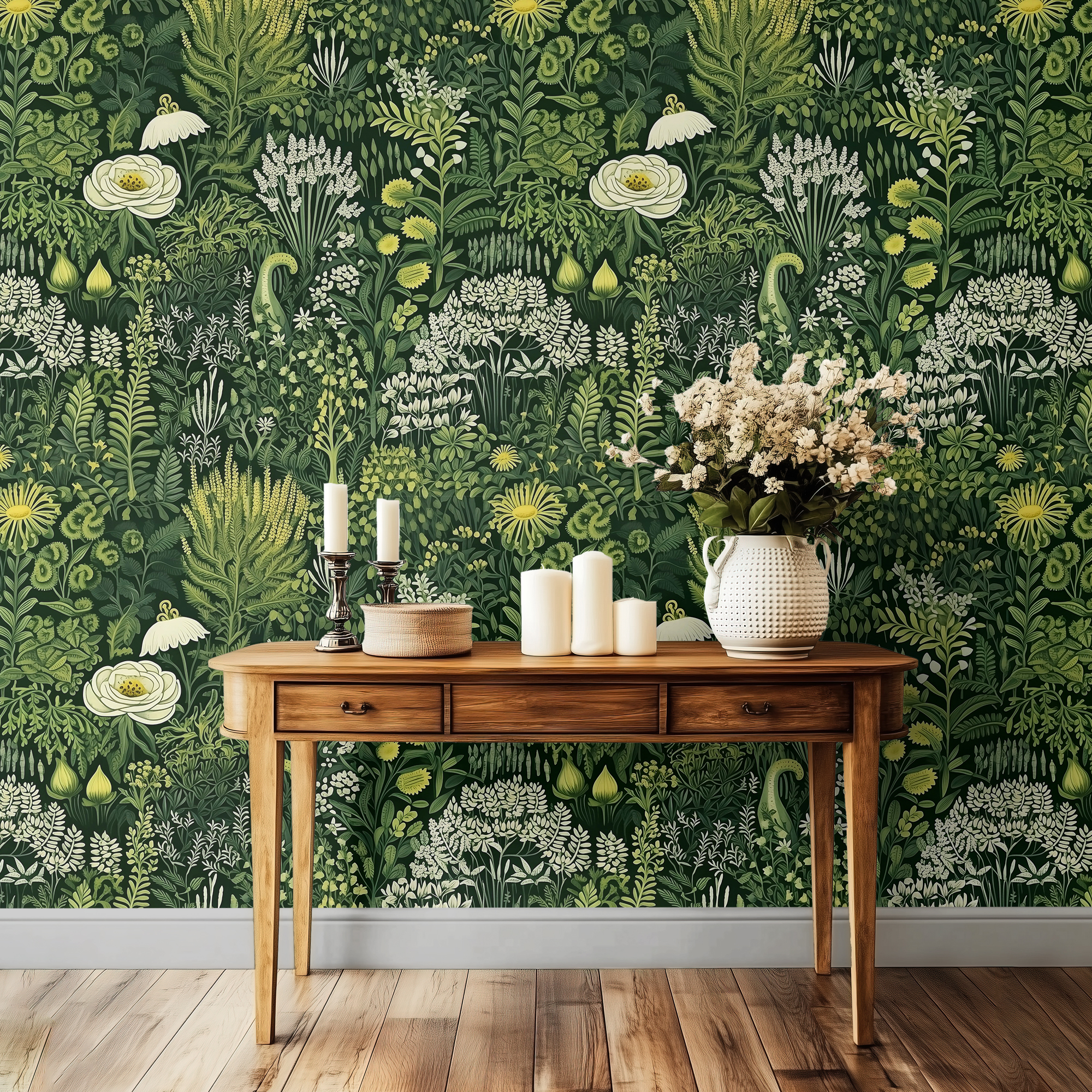 Green Botanical Wallpaper – Dark Jungle Forest