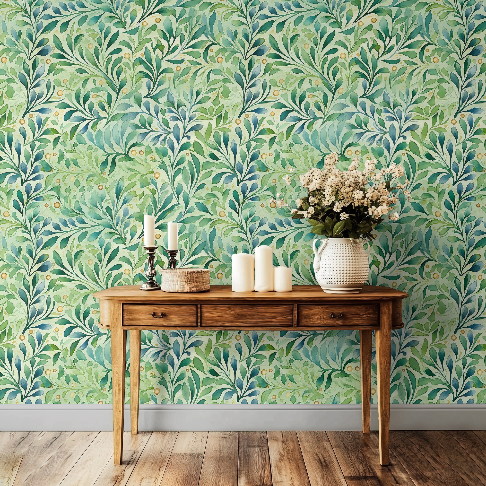 Green Botanical Watercolor Leaf Wallpaper