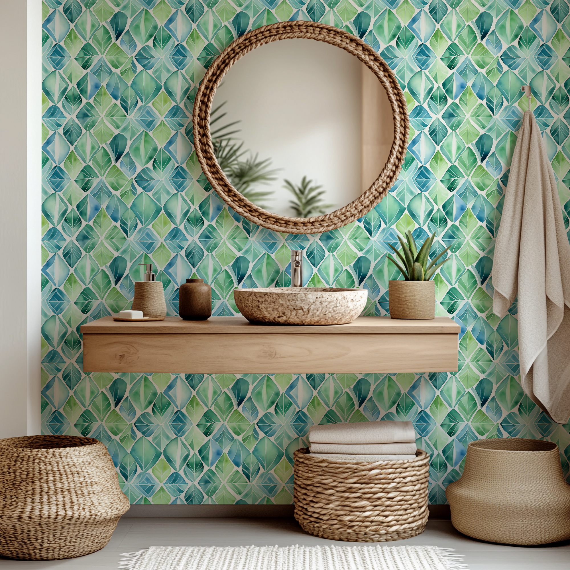 Green Watercolor Geometric Wallpaper – Leaf Diamond