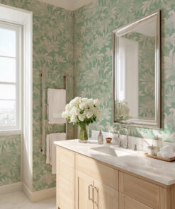 Sage Green Botanical Wallpaper – White Leaf Foliage - Image 3