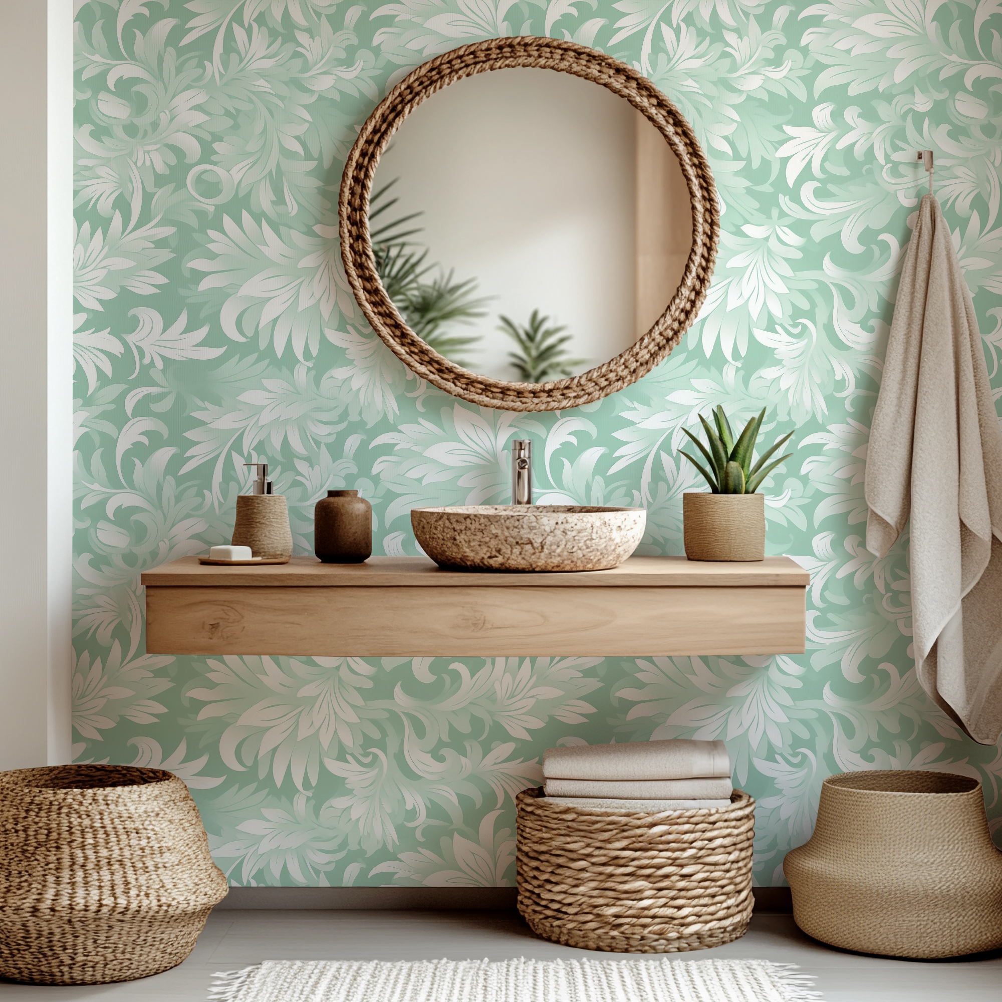 Sage Green Botanical Wallpaper – White Leaf Foliage Peel & Stick