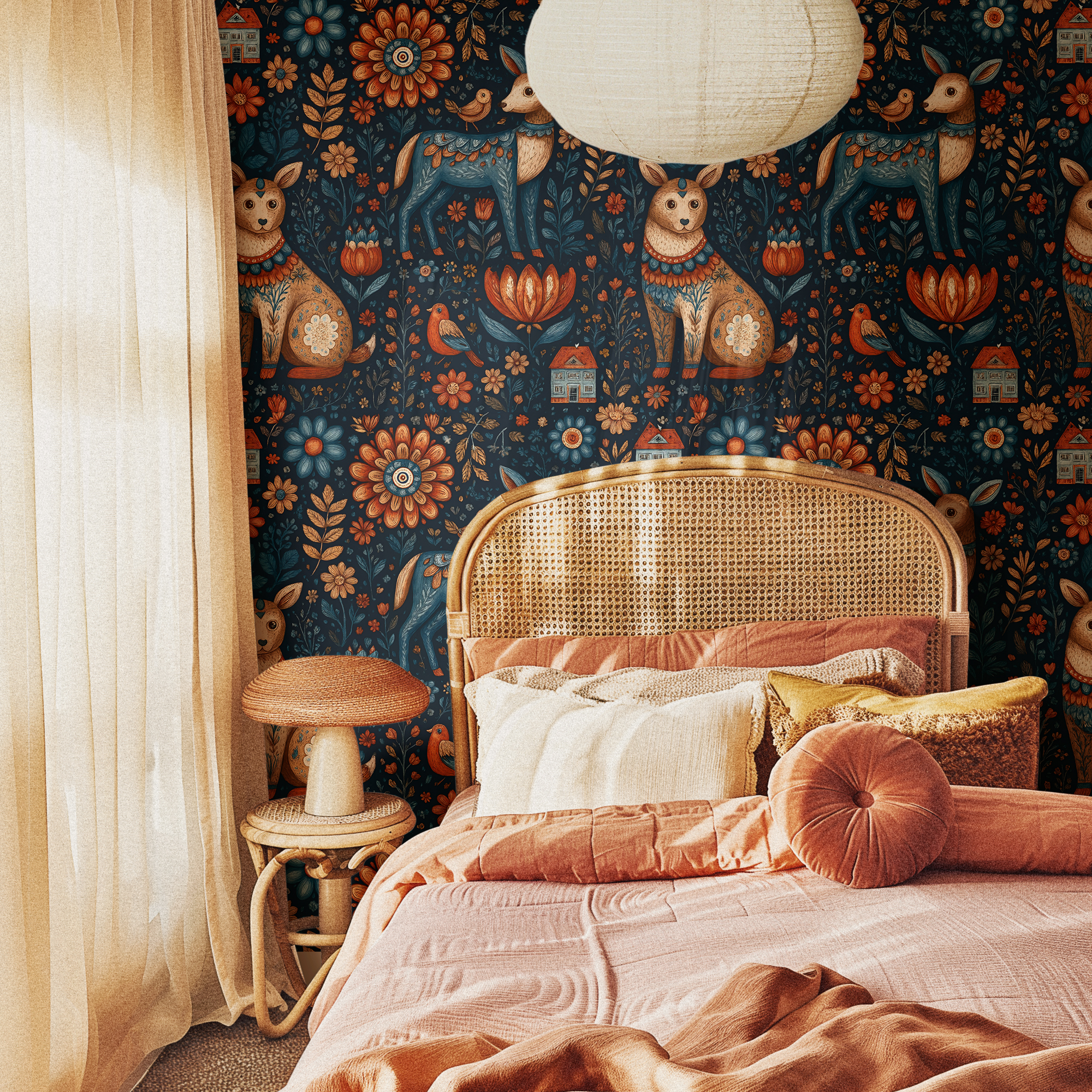 Scandinavian Folk Wallpaper – Nordic Animals & Floral Vintage Mural