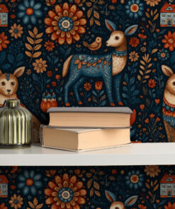 Alternative view of Scandinavian Folk Art Animals and Floral Wallpaper