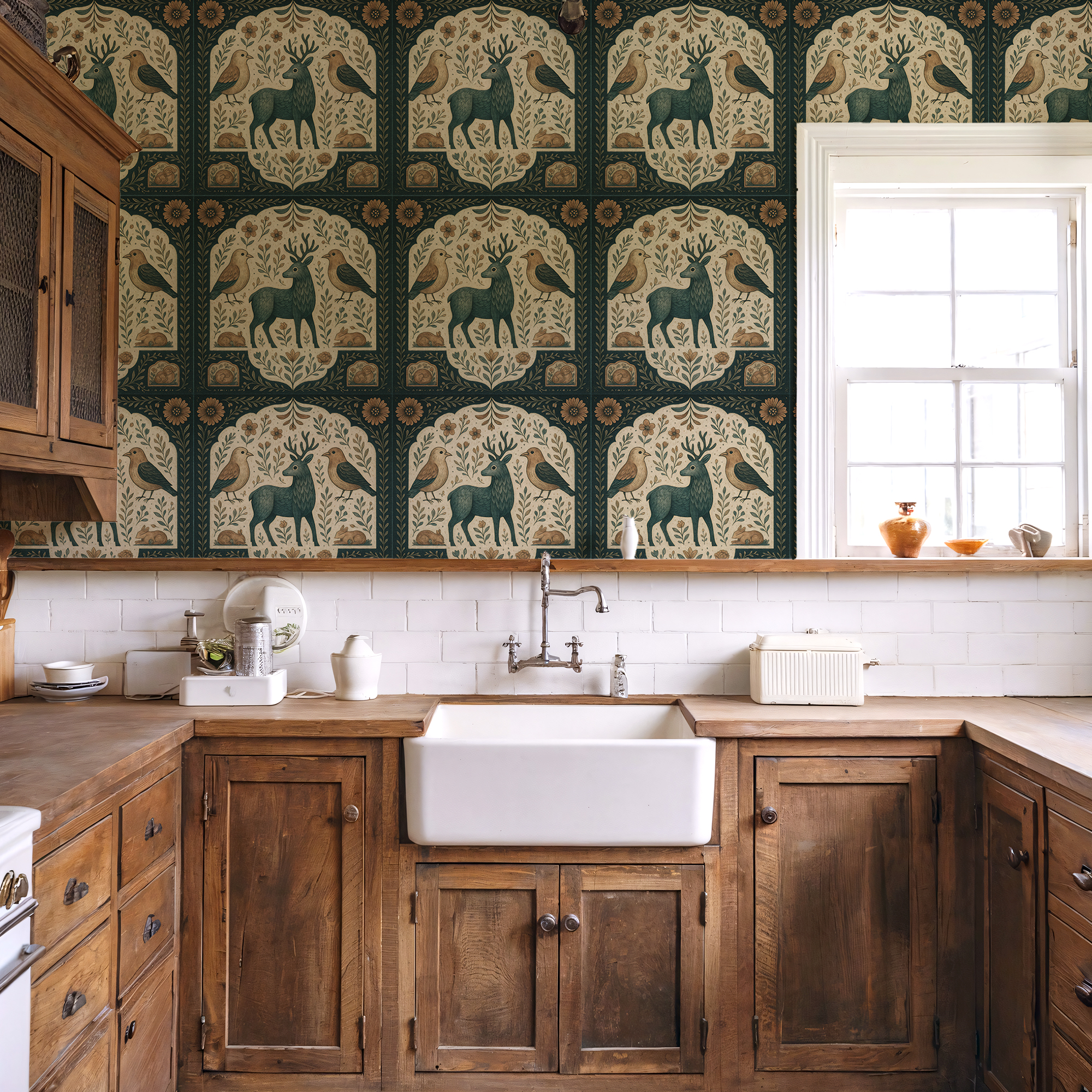 Nordic Folk Wallpaper – Scandinavian Deer & Bird